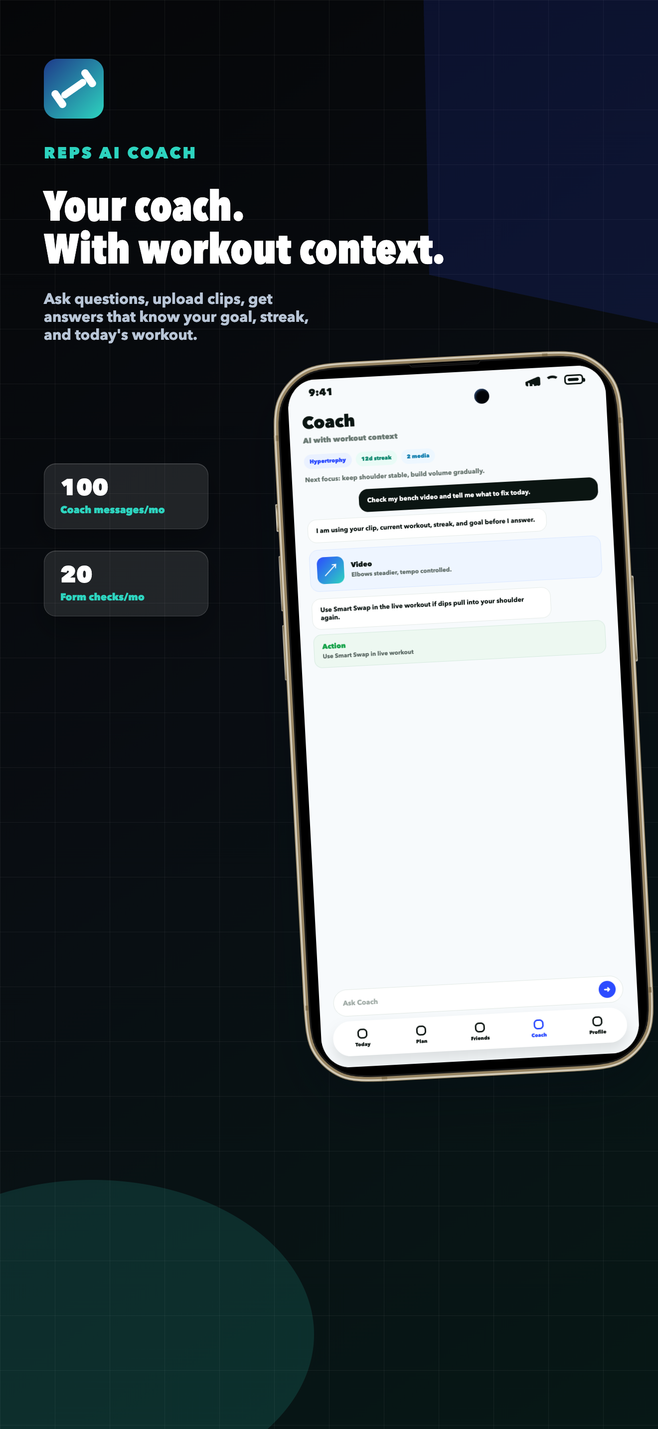 RepsAI Coach workout context screen